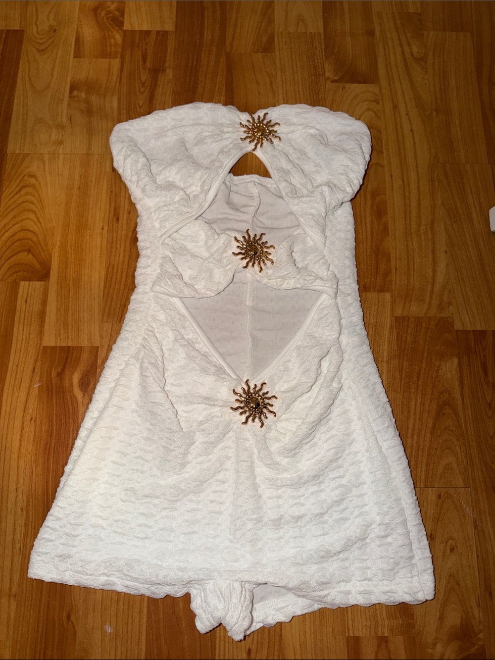 SHEIN White Strapless Cutout Mini Dress with Gold Sunburst Accents
